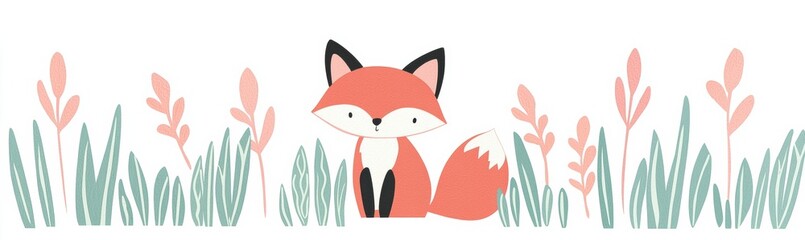 Naklejka premium Cute and charming fox illustration surrounded by whimsical plants, perfect for children's themes, nature designs, or playful decor.