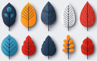 Fototapeta premium Colorful leaf illustrations with various shapes and patterns, representing nature's beauty and seasonal change, ideal for decorative or educational use.