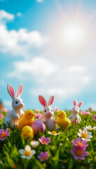 Easter Scene with Toy Bunnies, Yellow Chicks, and Easter Eggs in Grass