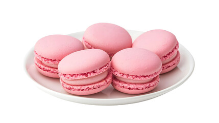 Obraz premium Pink macarons on a white plate on a transparent background. isolated background.