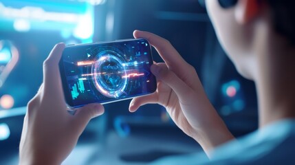 A young individual interacts with a smartphone displaying an immersive augmented reality experience, showcasing vibrant visuals and technology. The setting suggests an evening exploration