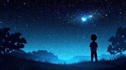 Fototapeta premium A young boy gazes at a starry night sky, reflecting wonder and curiosity, surrounded by silhouettes of trees and hills beneath the cosmos.