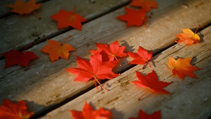 Obraz premium Vibrant Autumn Leaves Scattered on a Wooden Deck, Capturing the Essence of Fall
