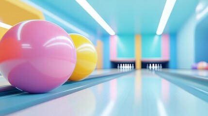 Two vibrant bowling balls in pink and yellow sit on a polished lane in a lively bowling alley, showcasing a neon-lit atmosphere ideal for fun gatherings