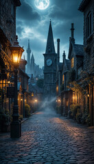 Fototapeta premium Night city street in steampunk style