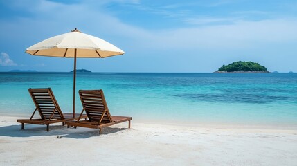 Fototapeta premium Beautiful panoramic sea sand sky. Tropical relax beach sunny summer island landscape