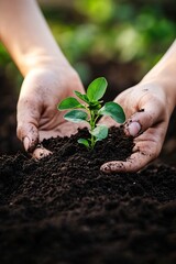 Farmer holding young plant in fertile soil