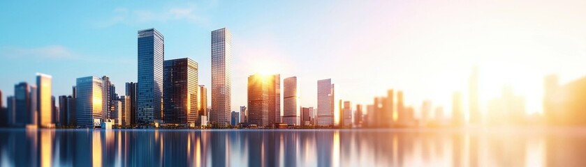 Obraz premium A breathtaking city skyline at sunrise, showcasing modern skyscrapers reflecting light over a serene water surface, embodying urban beauty.