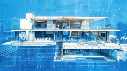 Obraz premium Modern house architectural drawing with blueprints.