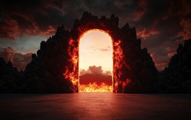 Obraz premium A dramatic landscape featuring a fiery portal amidst rocky terrain, creating a stunning visual contrast with dark clouds and vibrant flames.