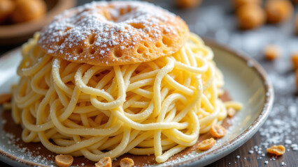 A large stack of golden-brown kunafa dessert on a plate, topped with powdered sugar.
