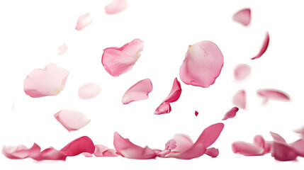 Pink rose flower petals falling isolated on a white background