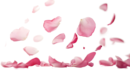 Pink rose flower petals falling isolated on a white background