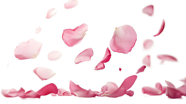 Pink rose flower petals falling isolated on a white background
