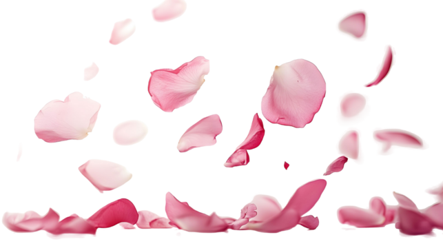 Pink rose flower petals falling isolated on a white background