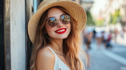 Fototapeta premium Smiling Woman in Sunglasses and Hat