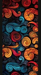 Dynamic abstract swirl pattern featuring vivid red, orange, and blue hues, creating a striking visual on a dark backdrop.