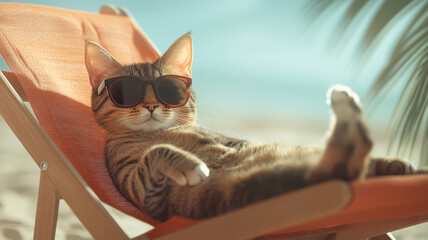 A cat lying on a beach chair with sunglasses.