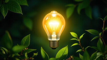 Light bulb illuminating among lush green leaves, representing eco-friendly energy, green, environment