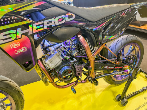 Milan, Italy : 11 05 2024 Eicma International cycle and motorcycle show 50cc Sherco Supermotard