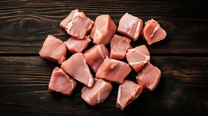 Raw pork meat pieces on a dark wooden surface arranged neatly for cooking preparation