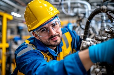 Skilled worker repairs industrial equipment with precision and safety in a modern factory environment