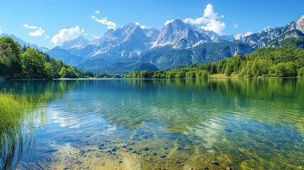 Fototapeta premium A serene mountain lake with crystal clear water reflecting the sky and surrounding peaks.