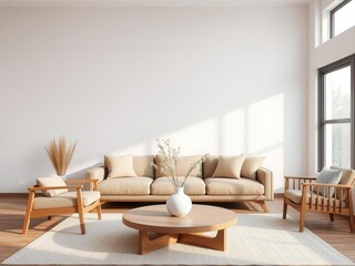 Round wooden coffee table with a vase on top, placed near a sofa against a window in a minimalist modern living room interior design, round, living room, vase