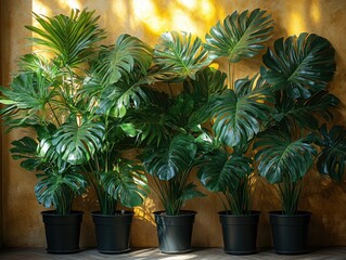 Obraz premium Tropical plants in pots against a yellow wall. Perfect for interior design projects, showcasing natural elements, and adding a touch of greenery.