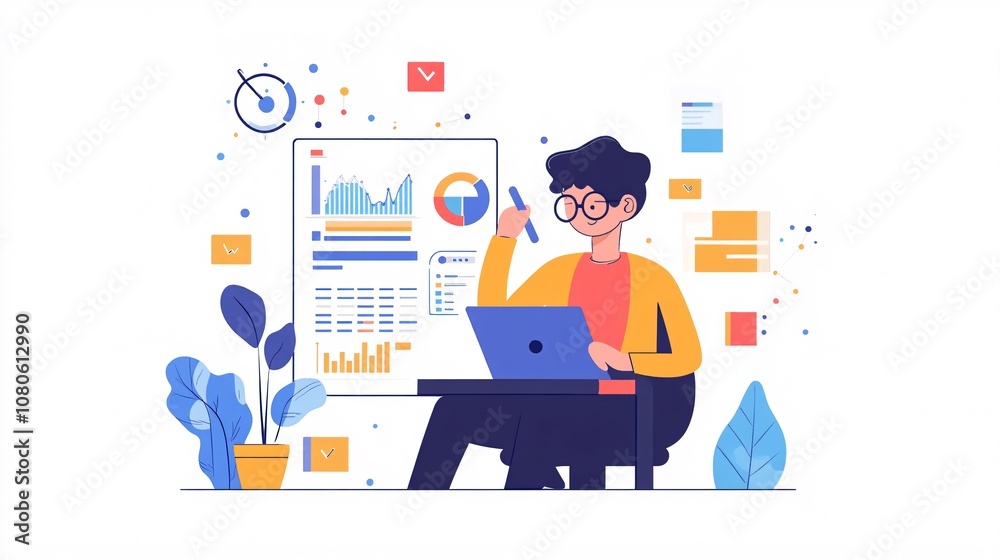 Fototapete business analyst analyzing data charts and reports on computer screen