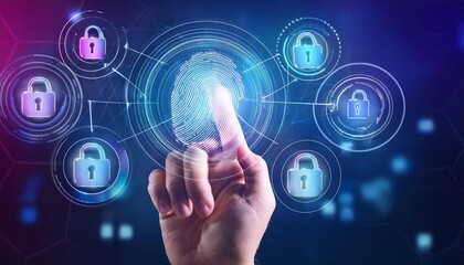 Hand touching a digital screen with icons of technology,  online network connection and the cloud. Finger creating finger print recognition for security.