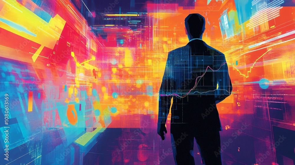 Poster businessman walking towards digital data flow in futuristic cyberspace