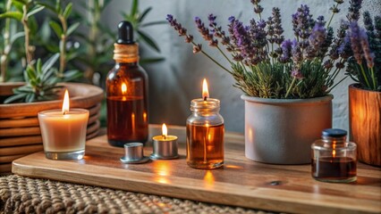 A wooden tray with candles, essential oils, and lavender plants, creating a spa-like atmosphere.