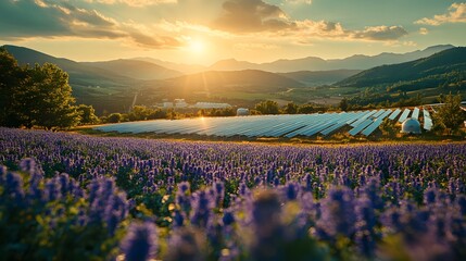 Obraz premium Industrial site with hydrogen tanks, field of solar panels under sunny sky, focus on green energy