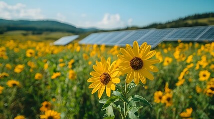 Fototapeta premium Industrial site with hydrogen tanks, field of solar panels under sunny sky, focus on green energy