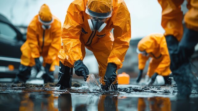Hazmat cleanup team responds to toxic chemical spill urban site environmental protection action view safety measures