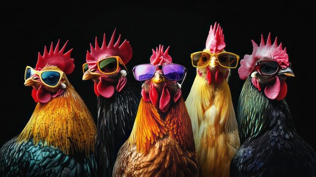Roosters and chickens colored in sunglasses. 3D rendering of a group of birds in sunglasses isolated on black background. Funny roosters in glasses