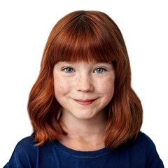 Portrait of a cute young caucasian girl with red hair and freckles smiling at the camera.