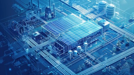 Fototapeta premium A futuristic cityscape with a large solar panel in the center and various buildings, pipes and other structures around it.