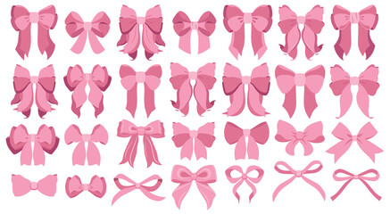 Vintage pink ribbons and bows. Valentines day illustration.Simple hand drawn pink ribbon bow collection. Bowknot for decoration, big set of pinky bowtie. Large retro hand drawn ribbon illustration set