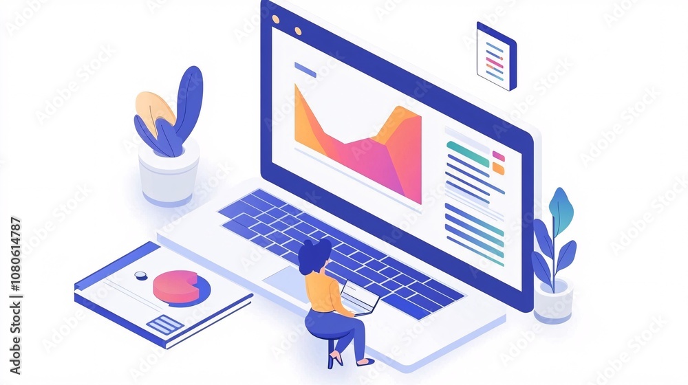Poster businesswoman working with laptop and analyzing statistics on big screen display
