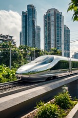 Fototapeta premium A futuristic bullet train traveling at ultra-high speed through an eco-friendly city, surrounded by solar panels and greenery, representing sustainable high-speed transit