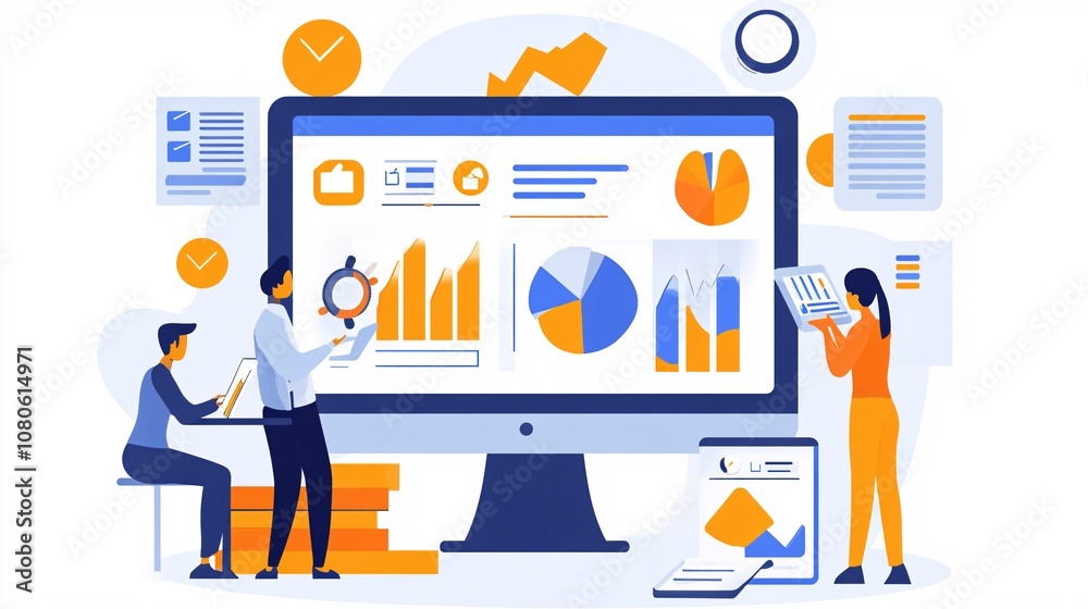 Poster business people analyzing financial charts and graphs on computer screen