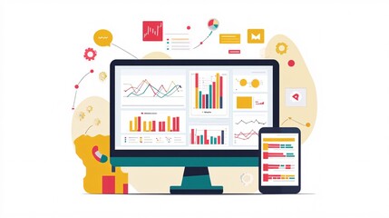 Computer and mobile phone showing statistical charts and data analysis for business strategy
