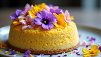 Deliciously plated dessert with a yellow base, garnished with purple and yellow edible flowers, on a wooden table.