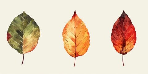 Three colorful autumn leaves displaying a gradient of seasonal change on a simple backdrop.