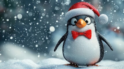 Festive Penguin Wearing Santa Hat in Snowy Winter Wonderland
