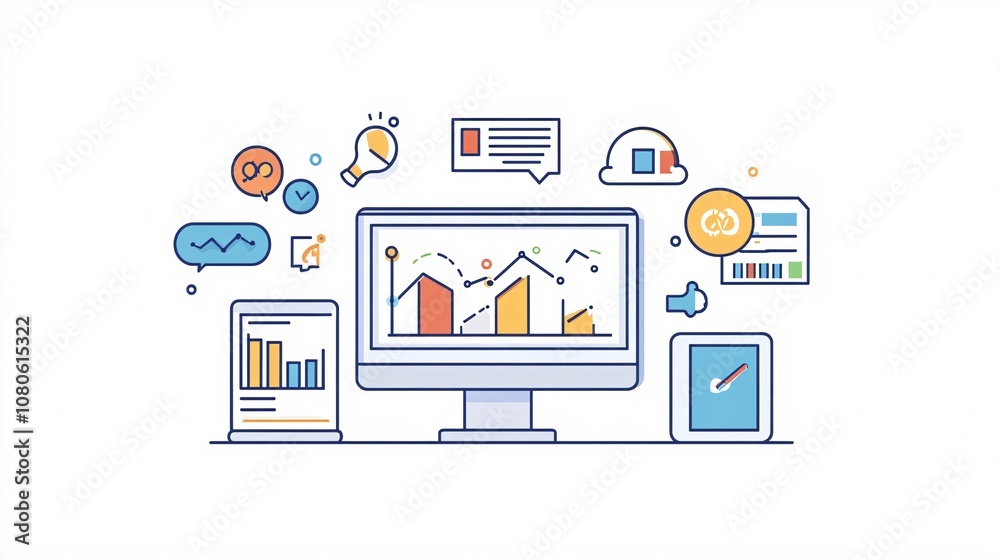 Poster Computer showing growing statistics charts with icons representing big data analysis and business strategy