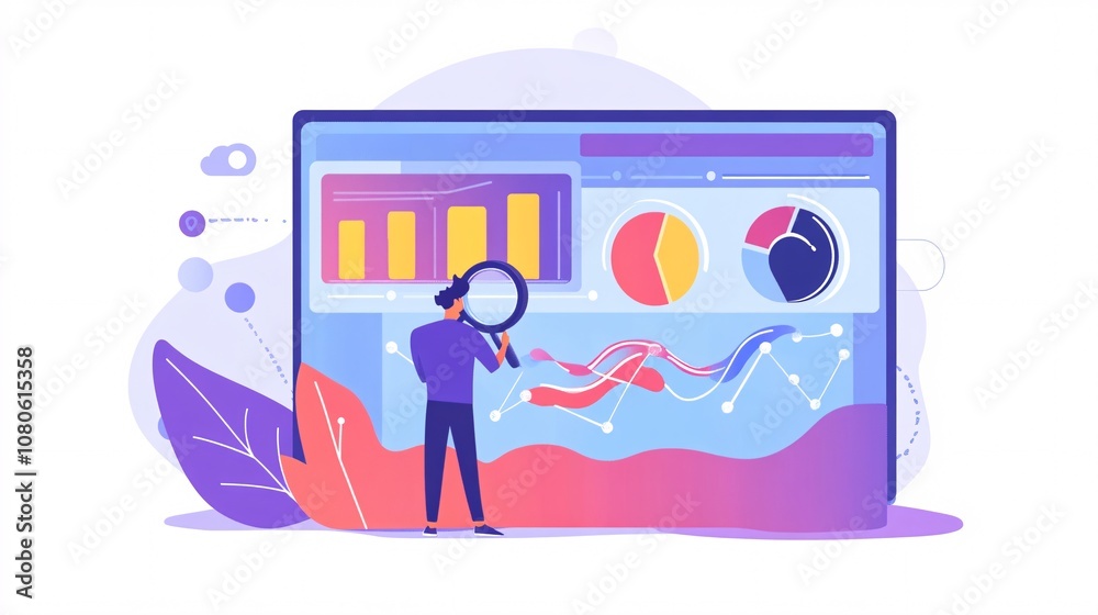 Poster businessman analyzing financial data with magnifying glass and charts on computer screen