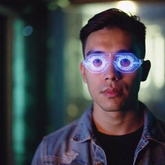 Obraz premium A young man examining his newly acquired cybernetic eyes that glow with different colors, surrounded by floating data holograms.